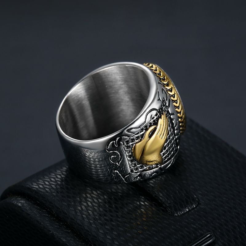 Gold Cross Signet Ring – Christian Faith Ring for Men, Stainless Steel Religious Ring, Black Onyx Style Cross Ring, Catholic Jewelry