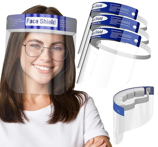 50 Pack Face Shields | Clear Plastic Face Shield for Women, Men & Kids, Anti-Fog, Lightweight Reusable Full Face Shield Mask, Safety Visor Cover with Comfortable Sponge & Elastic Band