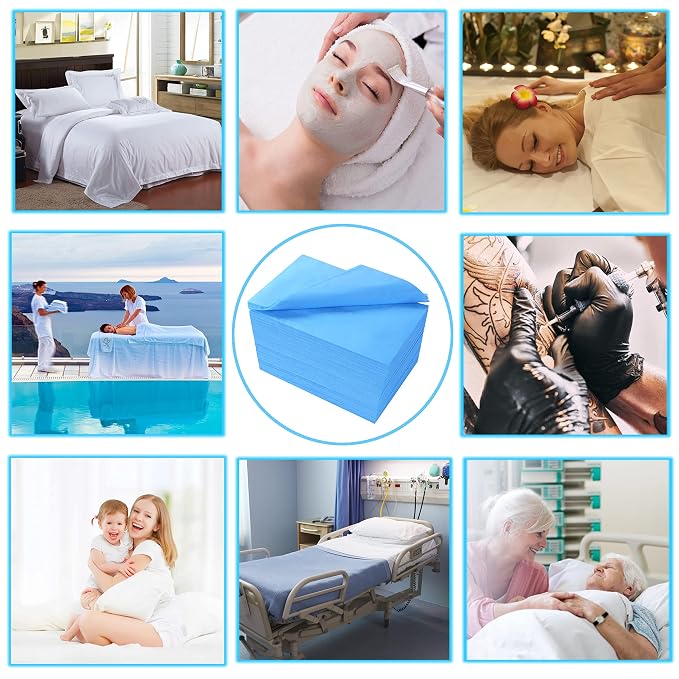 Disposable Bed Sheets for Waterproof Massage Table Sheet Soft Non Woven Fabric SPA Bed Cover Breathable for Tattoos 50PCS (Blue)