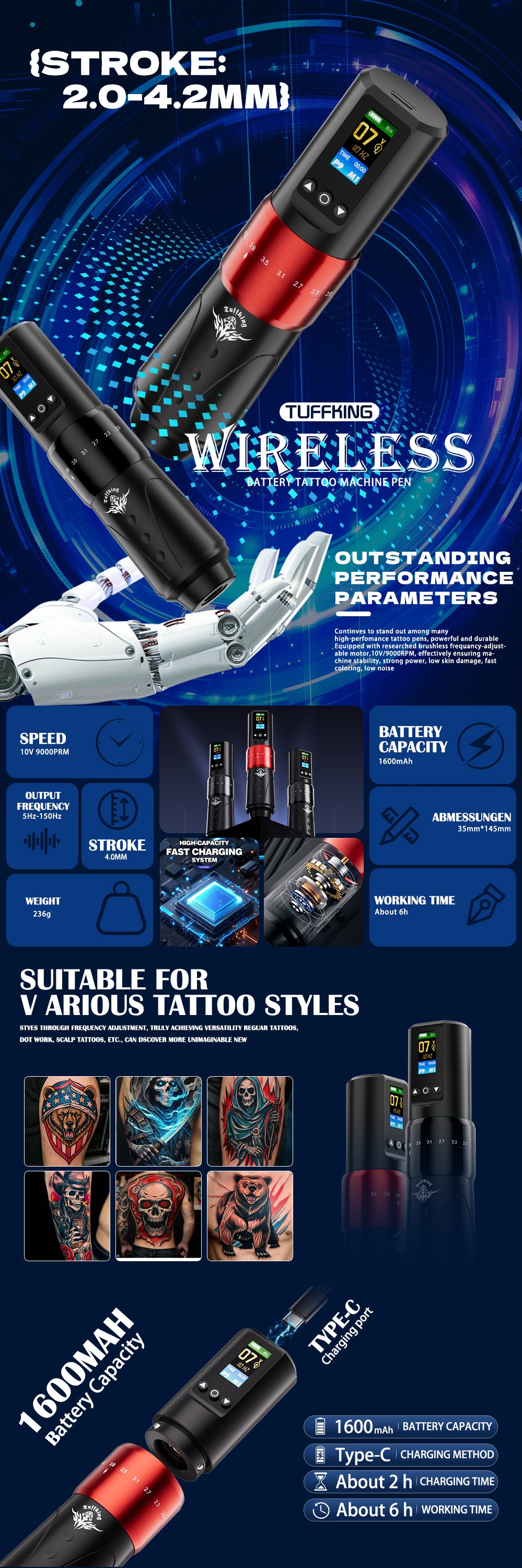 Tuffking Wireless Tattoo Pen Machine with One Battery